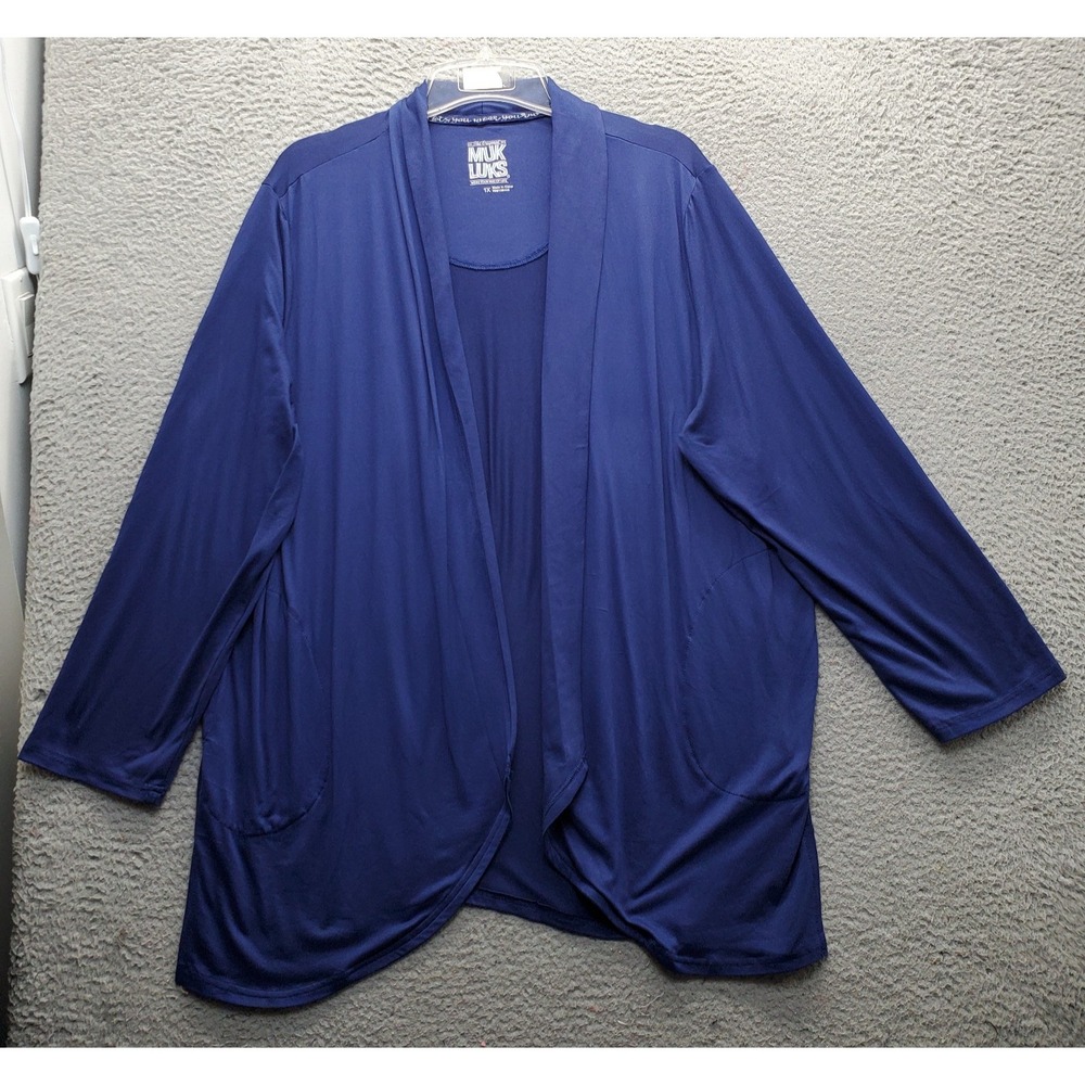 Muk Luks Cardigan Womens Plus 1X Blue Side Pockets Long Sleeve Draped Open Front